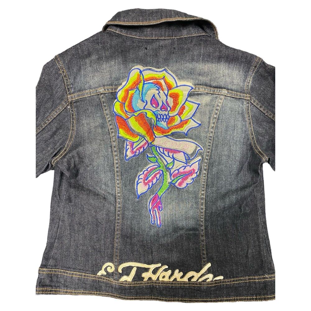 ED HARDY by Christian Audigier Love Rose & Skull Denim Jacket Women Sz Medium - Picture 7 of 7